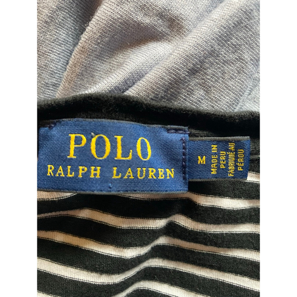 Women's Polo Ralph Lauren M Black White Stripe V-Neck Short Sleeve Tee Red Logo - Picture 5 of 5